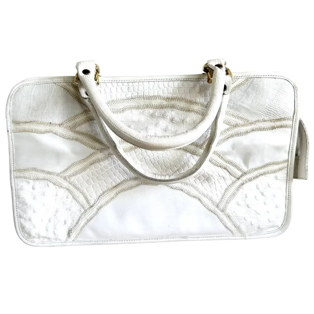 VTG Caprice Patchwork Handbag Snakeskin Leather Retro Ostrich Embossed White